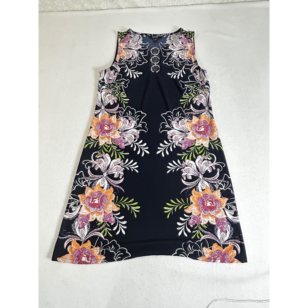 MSK Petite Navy Blue Floral Shift Dress Gold Ring Hardware Sleeveless PS